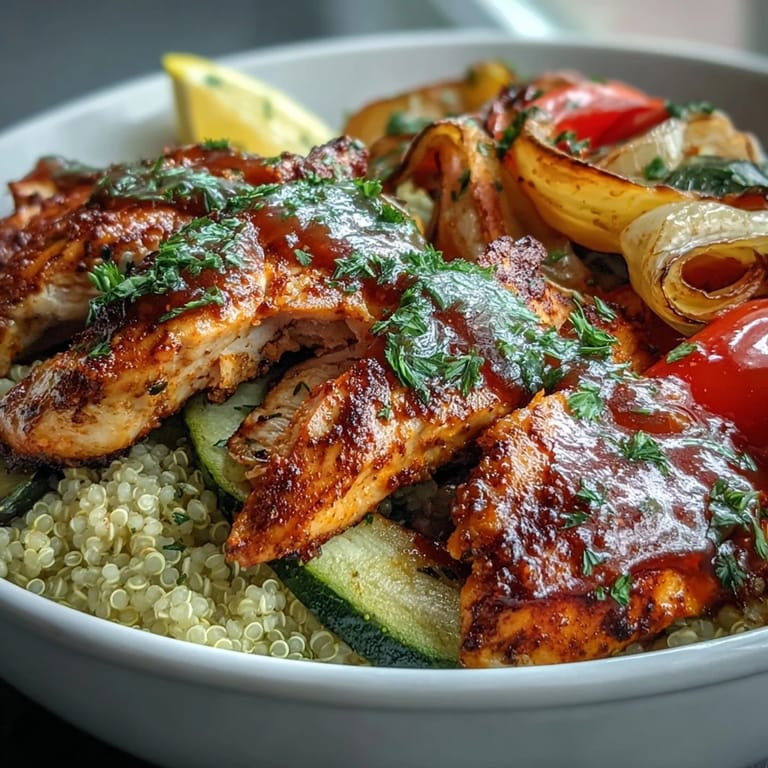 Fresh parsley and lemon wedges garnish a wholesome bowl of paprika herb chicken, roasted vegetables, and quinoa, ready for a satisfying gluten-free dinner.