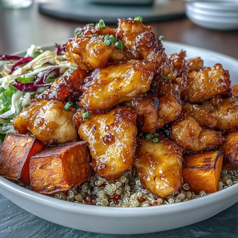 A nourishing Hot Honey Chicken Bowl featuring juicy chicken, tender sweet potatoes, and a spicy-sweet mustard dressing, ready for a wholesome dinner.