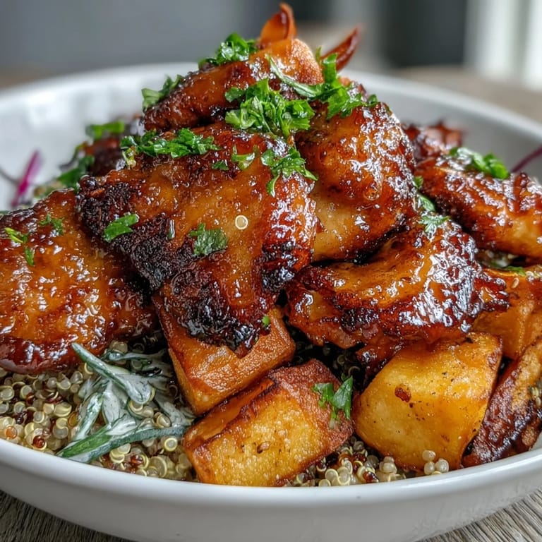 Close-up of a colorful Hot Honey Chicken Bowl, drizzled with tangy hot honey mustard dressing and garnished with fresh herbs.