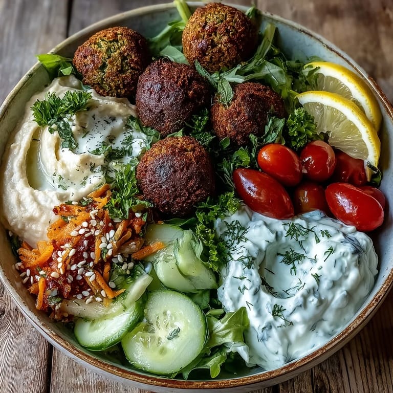 A close-up of a Mediterranean Falafel Bowl with crunchy vegetables, a scoop of hummus, and a bright lemon wedge for serving.