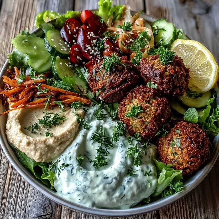 Colorful ingredients for a Falafel Bowl including falafel balls, cherry tomatoes, cucumbers, and fresh parsley garnished with sesame seeds.