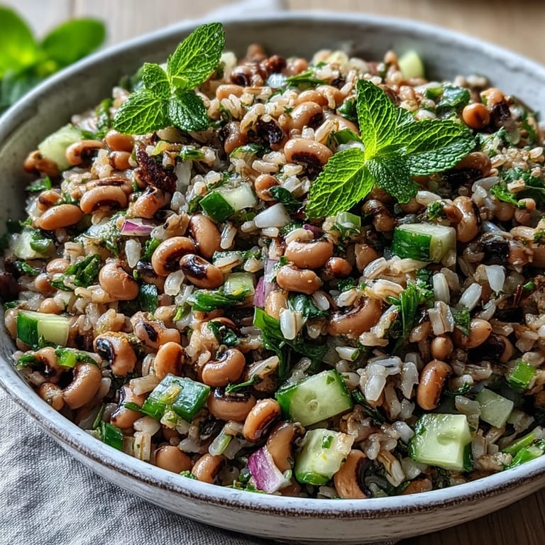 Chilled Southern Black Eyed Pea Salad in a glass bowl, drizzled with zesty lemon-mint dressing, ideal for hot summer potlucks.