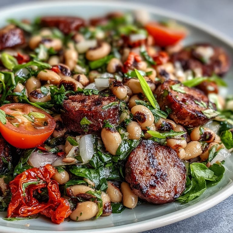 Sliced turkey sausage, red bell peppers, and tarragon garnish the Hoppin John Style Black-Eyed Pea Salad, served atop mixed greens for a vibrant Southern meal.
