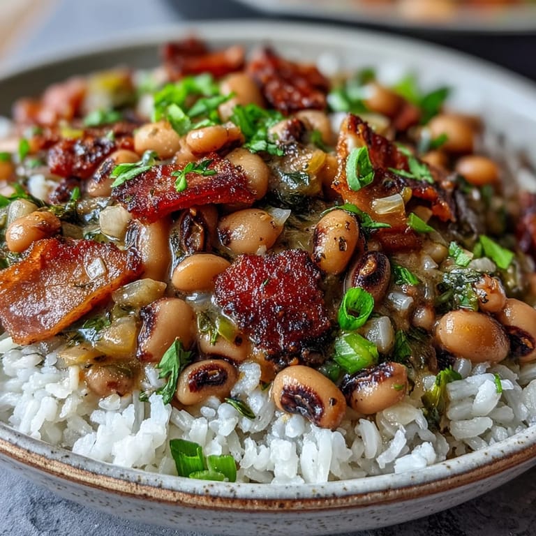 Savory Hoppin John featuring tender black-eyed peas and smoky bacon in a rich broth. Fluffy white rice serves as the base for this Southern dish.