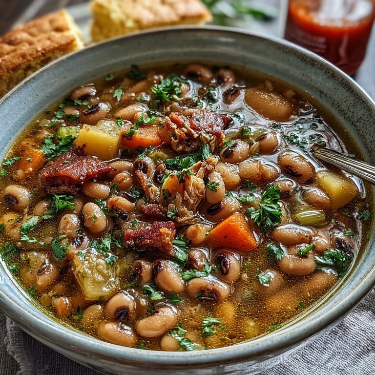 Savory Black-Eyed Pea Stew with Smoked Ham Hocks simmering in a Dutch oven, featuring carrots, potatoes, and aromatic herbs.