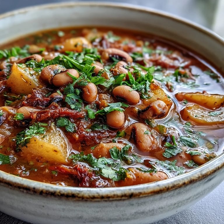 Black-Eyed Pea Stew with Chefs Touch simmering in a pot, filled with sweet onions, diced carrots, and hearty potatoes.