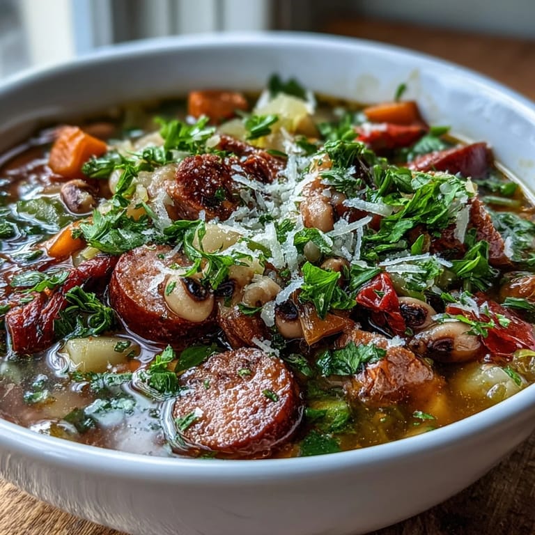 Served alongside crusty artisan bread, the rich Black-Eyed Peas and Sausage Soup offers a comforting Southern-inspired dinner.