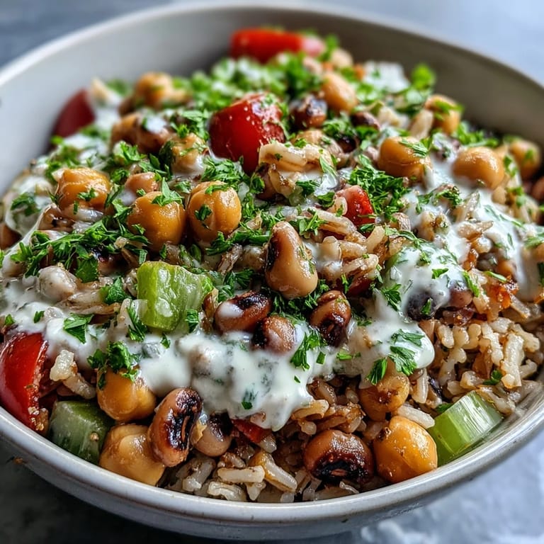 Vibrant New Years Hoppin John Salad in a white bowl, topped with fresh cherry tomatoes, green onions, and parsley for a healthy Southern start.