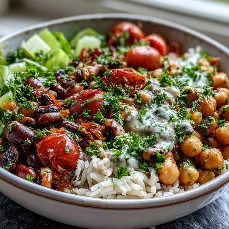 Overhead view of New Years Hoppin John Salad with colorful vegetables and legumes, ready to serve as a festive vegan main or side dish.