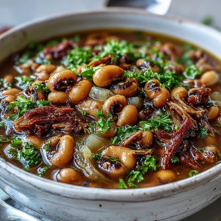 Hearty Southern Classic New Years Black-Eyed Peas served alongside golden cornbread and sautéed greens.