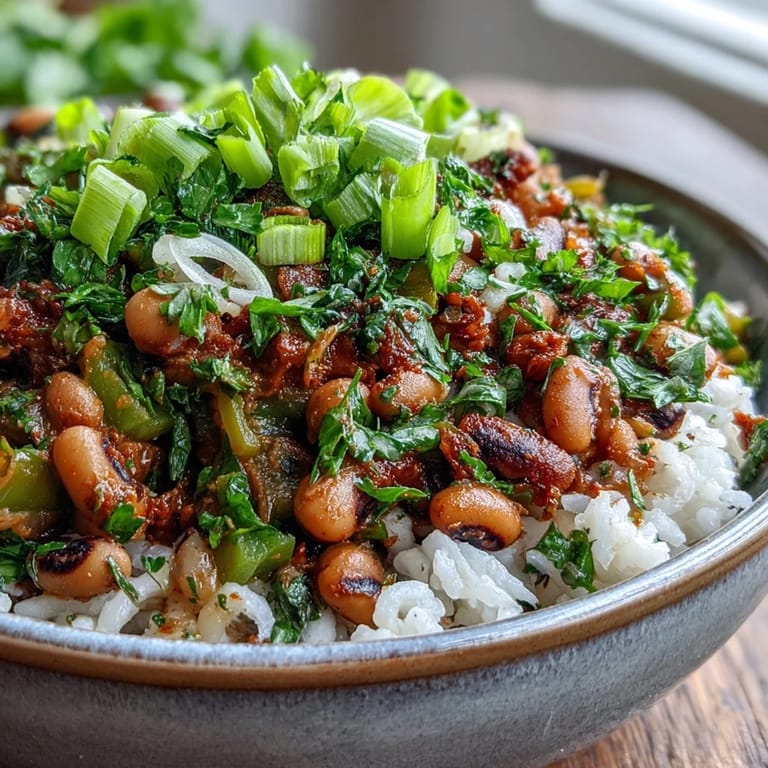 Forkful of smoky Vegetarian Hoppin John garnished with fresh cilantro and green onions next to lemon wedges.