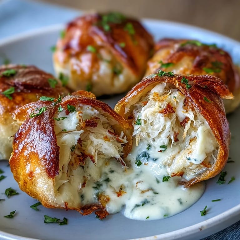 Cheesy Seafood Tortilla Bombs rolled tight with shrimp and crab filling, ready to bake in a greased dish alongside garlic cream sauce.