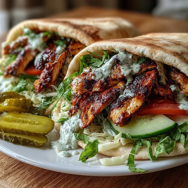 Golden-brown chicken shawarma wraps served with pickles and creamy garlic sauce on a plate.
