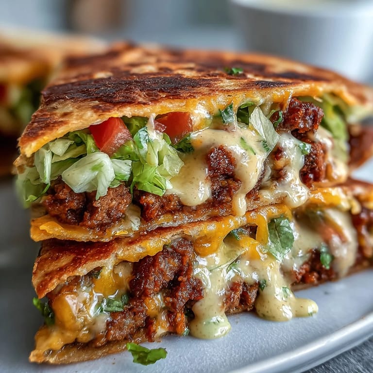 A freshly cooked Keto Crunchwrap sliced in half, revealing a juicy beef and creamy cheddar filling on a dinner plate.