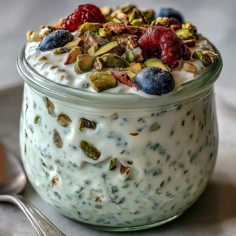 Close-up of layered pistachio overnight oats with chia seeds, Greek yogurt, and a drizzle of honey for sweetness.