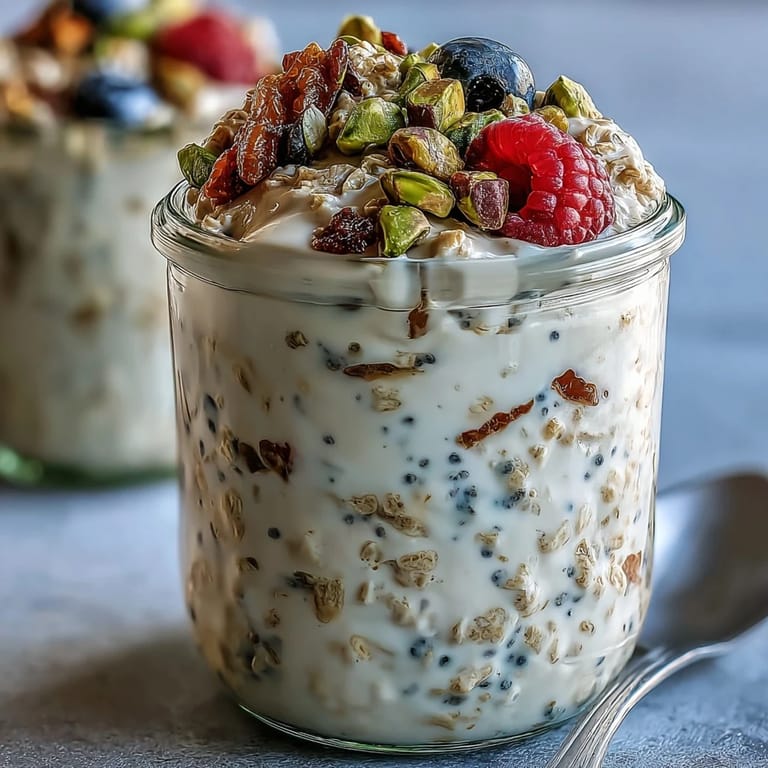 Healthy pistachio overnight oats served in a mason jar with a spoon, ready to enjoy straight from the fridge.