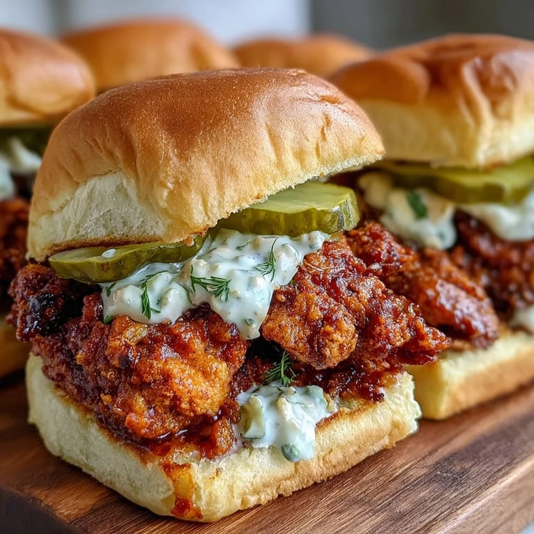 Homemade Nashville Hot Chicken Sliders topped with crunchy pickles and creamy dill pickle aioli on toasted buns.