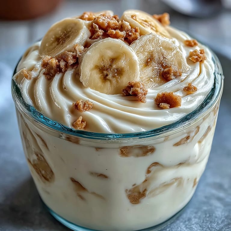 Healthy Protein Banana Pudding dessert featuring a high-protein custard layered with vanilla wafers and ripe banana slices ready to eat.