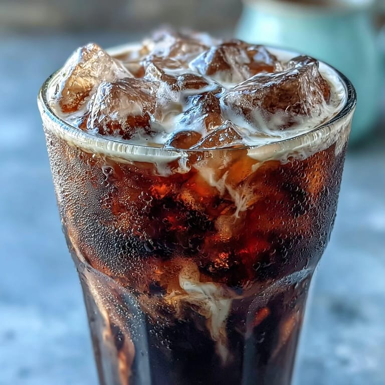 Midnight Malibu Dirty Soda in a tall glass, showing a creamy coconut float on Dr Pepper, swirled with sweet blackberry syrup.