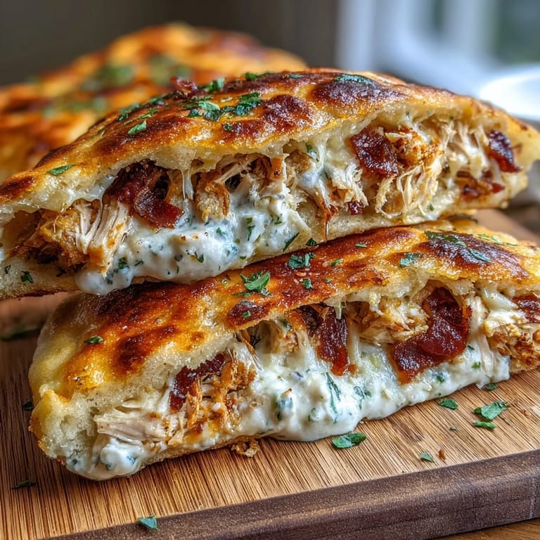 Crispy bacon and ranch-seasoned chicken peek out from grilled naan bread slices