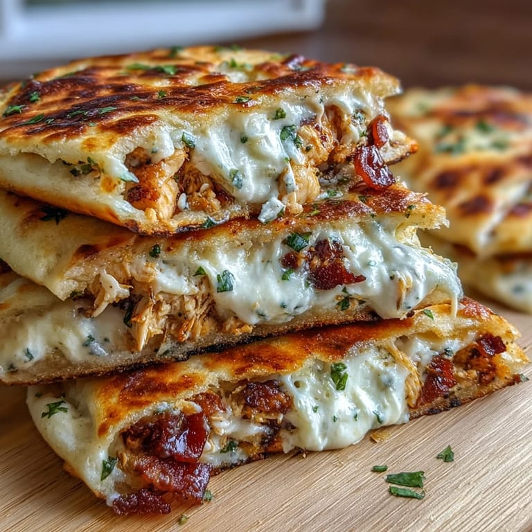 Freshly prepared Ranch Crack Chicken Stuffed Naan served warm with a side of dressing