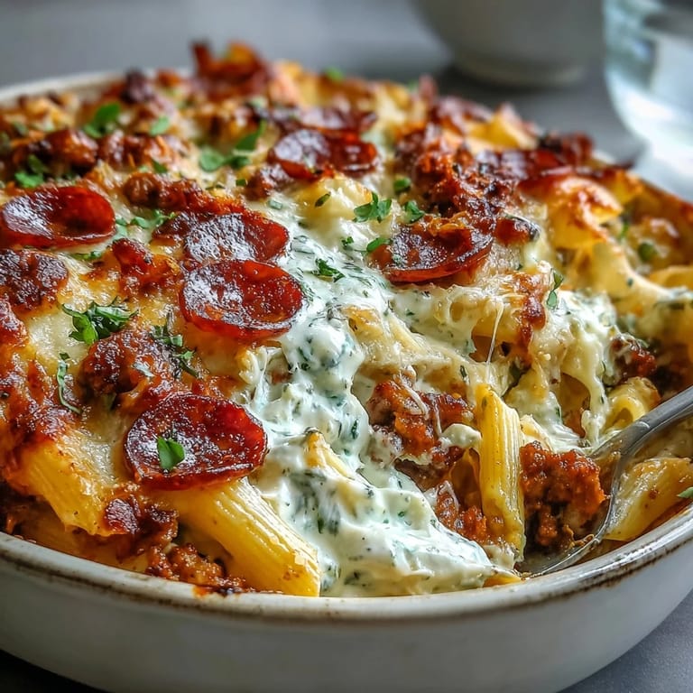Golden High-Protein Pizza Pasta Bake bubbling from the oven, garnished with fresh basil and served with a side salad.