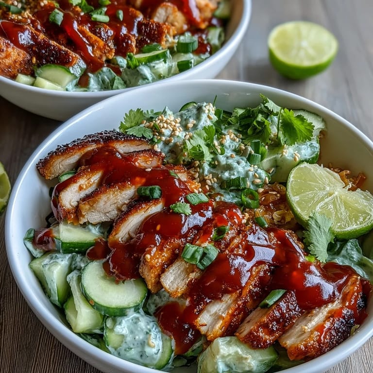 Served TikTok Chili-Crisp Cucumber Chicken Bowls in a white ceramic bowl, with chili crisp drizzle, lime wedges, and fluffy jasmine rice.