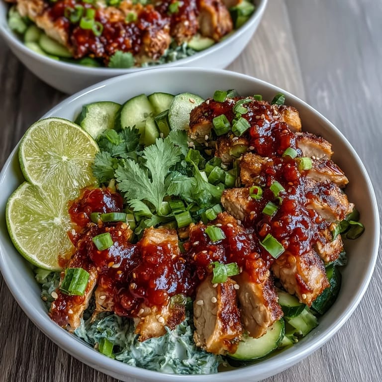 Overhead view of TikTok Chili-Crisp Cucumber Chicken Bowls showing vibrant green cucumbers, golden chicken pieces, and herbs on a rustic wooden table.