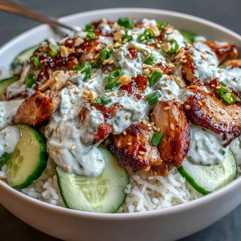 Overhead view of a fresh, crave-worthy TikTok Chili-Crisp Cucumber Chicken Bowl garnished with green onions and sesame seeds.