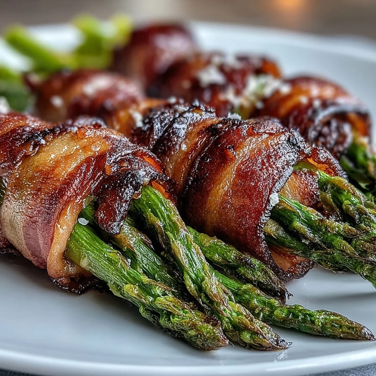 Savory Keto Bacon-Wrapped Asparagus Bundles with Parmesan served warm as a keto side dish.