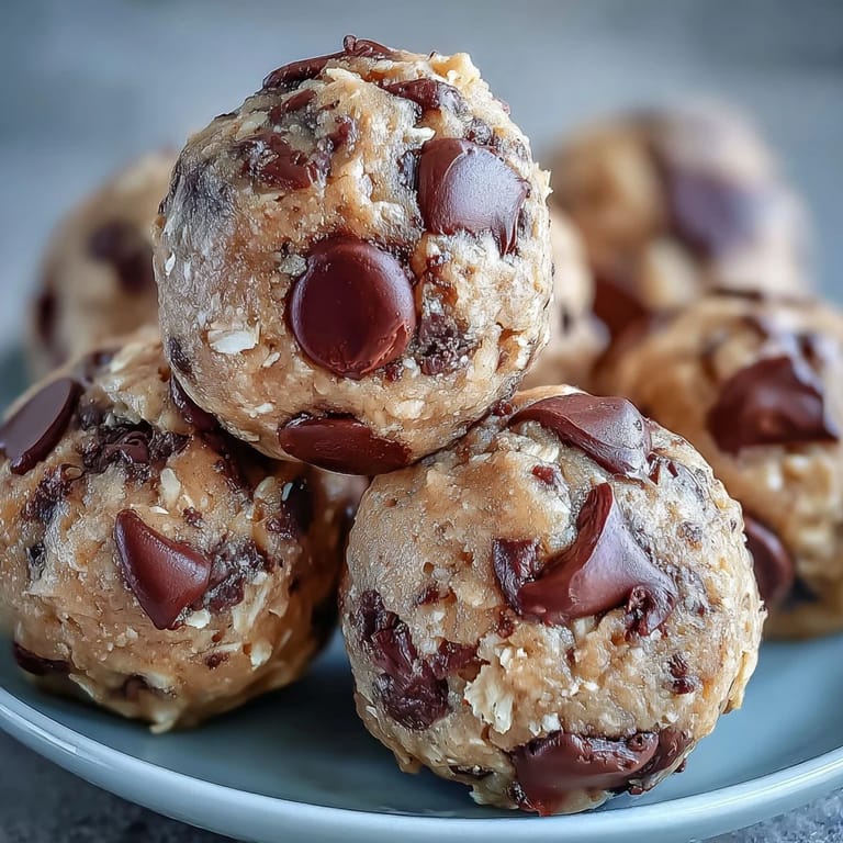 Studded with vegan dark chocolate chips, the wholesome Chickpea Cookie Dough Bites are served in a small white bowl.