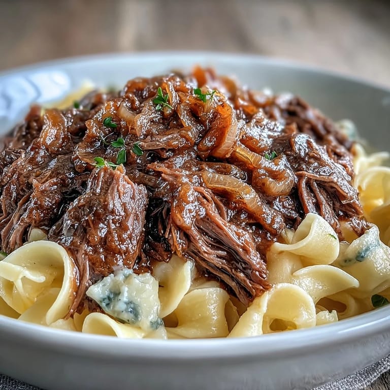 Savory slow-cooked beef and sweet onions served over buttery noodles for a comforting weeknight dinner.