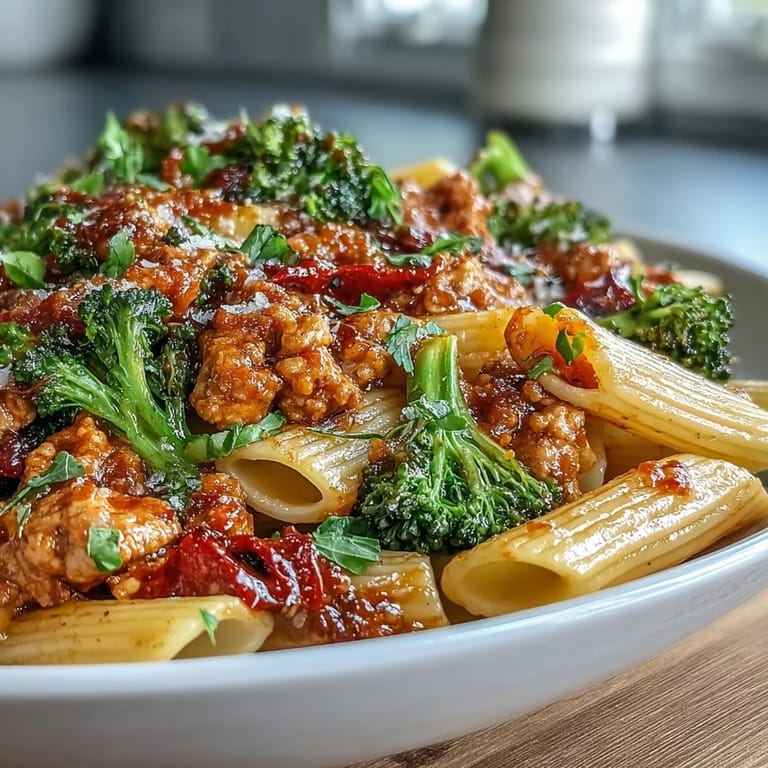 Topped with fresh cilantro and sesame seeds, a bowl of Sweet & Spicy Turkey Broccoli Pasta is ready to serve hot.