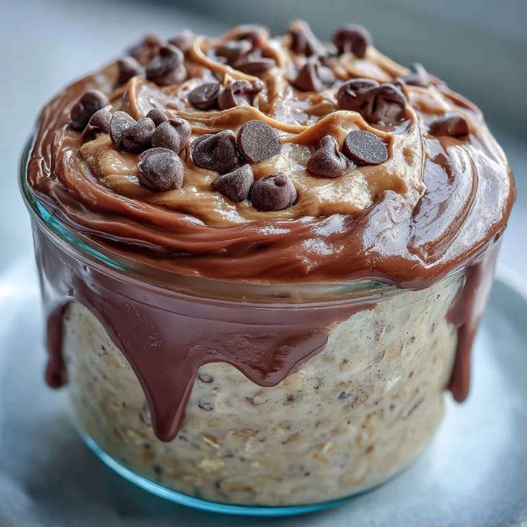 Layers of rich cocoa ganache and peanut butter oats in a glass jar, perfect for a make-ahead breakfast.