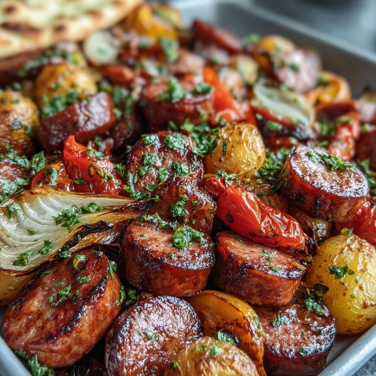 Roasted Smoky Sheet Pan Sausage & Veggies with Naan, showcasing caramelized onions and cherry tomatoes on a baking sheet, perfect for weeknight dinner.