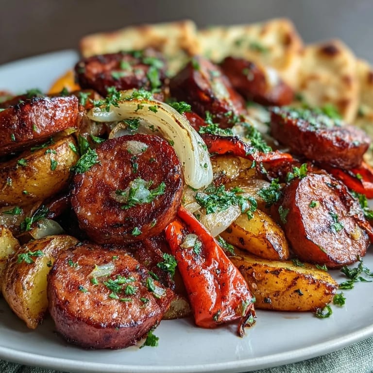 Fusion Smoky Sheet Pan Sausage & Veggies with Naan featuring crisp-tender vegetables, savory sausage slices, and warm flatbread brushed with garlic butter.