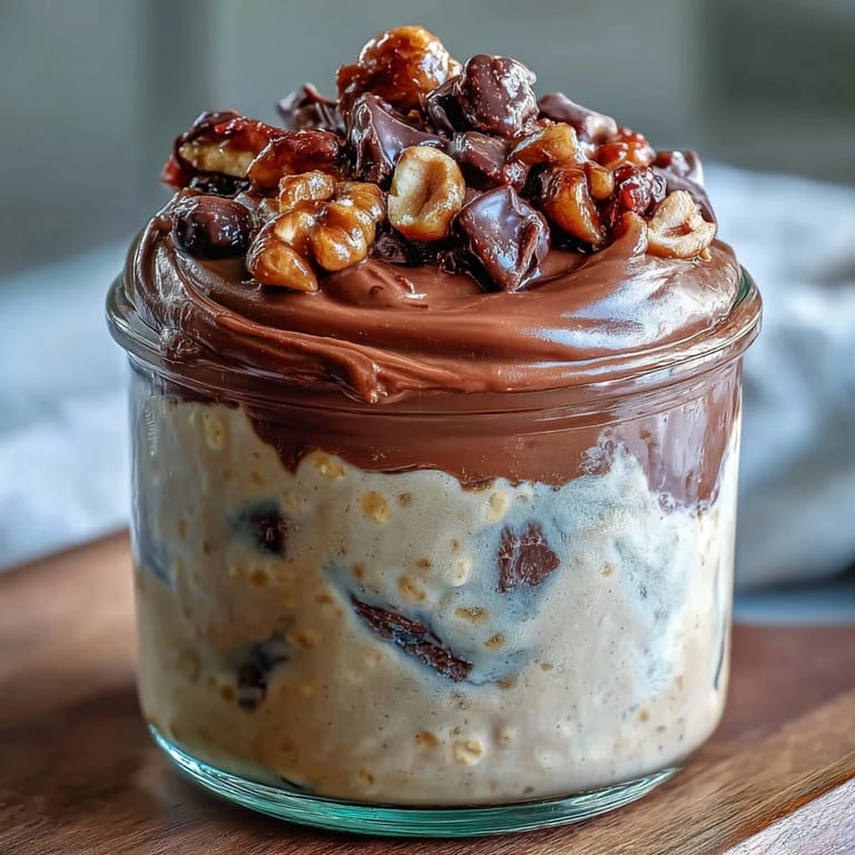 Peanut Butter Cup Overnight Oats in mason jars, ready to eat chilled with chocolate chips and a rustic wood backdrop.