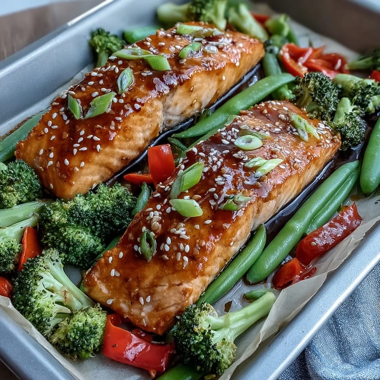 Tender salmon fillets glazed in homemade teriyaki sauce roasted alongside crisp broccoli and sweet snap peas on a sheet pan.