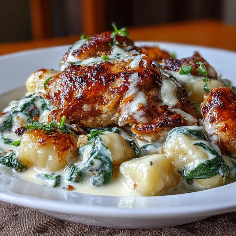 Creamy garlic Parmesan sauce coats tender potato gnocchi and seared chicken thighs, with wilted baby spinach adding freshness and color to this hearty one-pan meal.