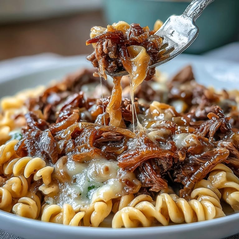 Rich and comforting crockpot French onion pot roast pasta, featuring slow-cooked beef, sweet onions, and melted Gruyère cheese on wide noodles.  