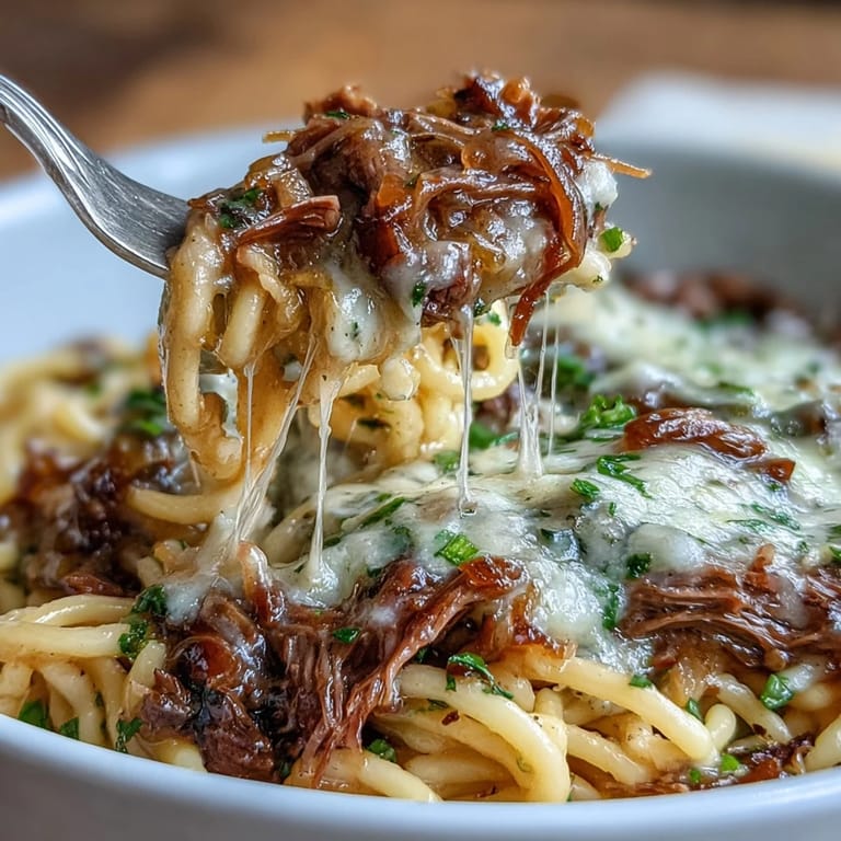 Hearty slow cooker French onion pot roast pasta with shredded beef, caramelized onions, and a flavorful gravy, topped with fresh parsley.