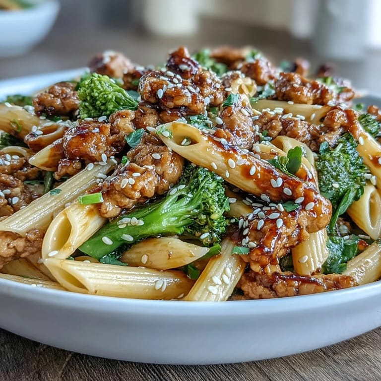 A comforting bowl of penne pasta with ground turkey, crisp broccoli, and a bold honey-sriracha glaze.  