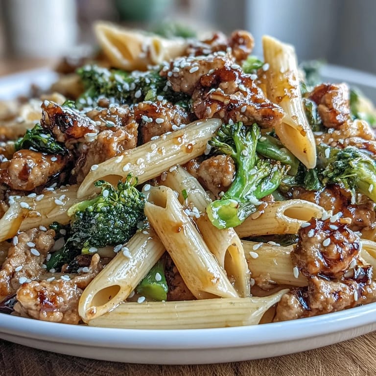 Flavorful turkey and vegetable pasta in a sticky sweet-and-spriracha sauce, topped with fresh scallions and sesame seeds.