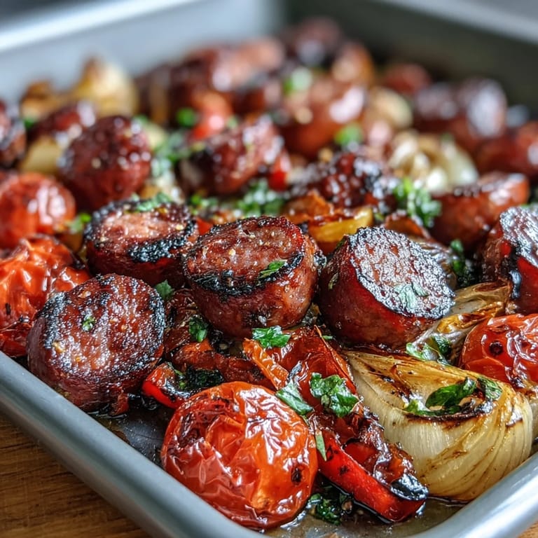 Vibrant roasted sausage and vegetables drizzled with olive oil, served alongside warm naan and fresh parsley garnish.