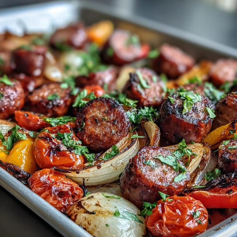 Roasted smoked sausage, colorful bell peppers, and zucchini paired with soft garlic naan on a rustic sheet pan.  