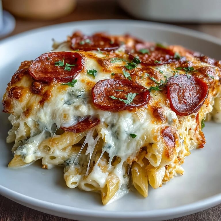 Savory pizza pasta bake loaded with protein-rich pasta, ground beef, and melted mozzarella, topped with extra pepperoni slices.  