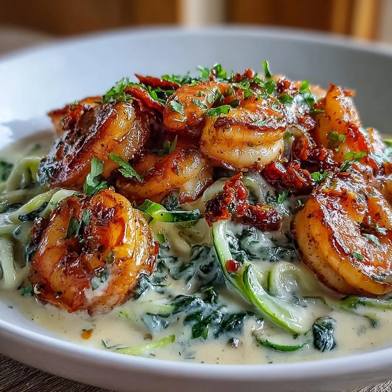 Low-carb Italian-inspired shrimp dish with spinach and zucchini noodles, served in a garlicky cream sauce with Parmesan.  