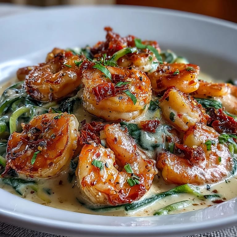 Keto Tuscan shrimp and zucchini noodles in a creamy garlic sauce, garnished with sun-dried tomatoes and fresh herbs.