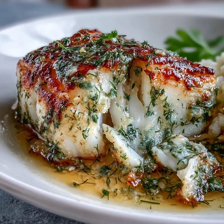 Tender cod fillets baked with garlic herb butter, served with golden baby potatoes and vibrant green beans for a healthy and flavorful dinner.