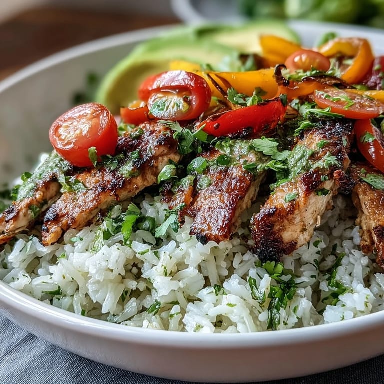 Healthy chicken fajita meal prep bowls featuring tender chicken, sautéed peppers, and fragrant cilantro-lime rice.
